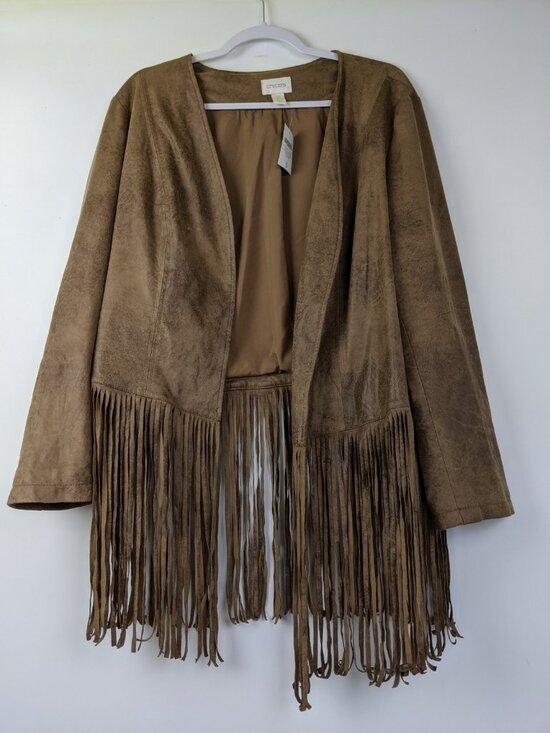 Chico's Jackets & Blazers - Chicos Faux Suede Fringe Jacket Brown Long Sleeve Size 3 / XL NWT Western Boho